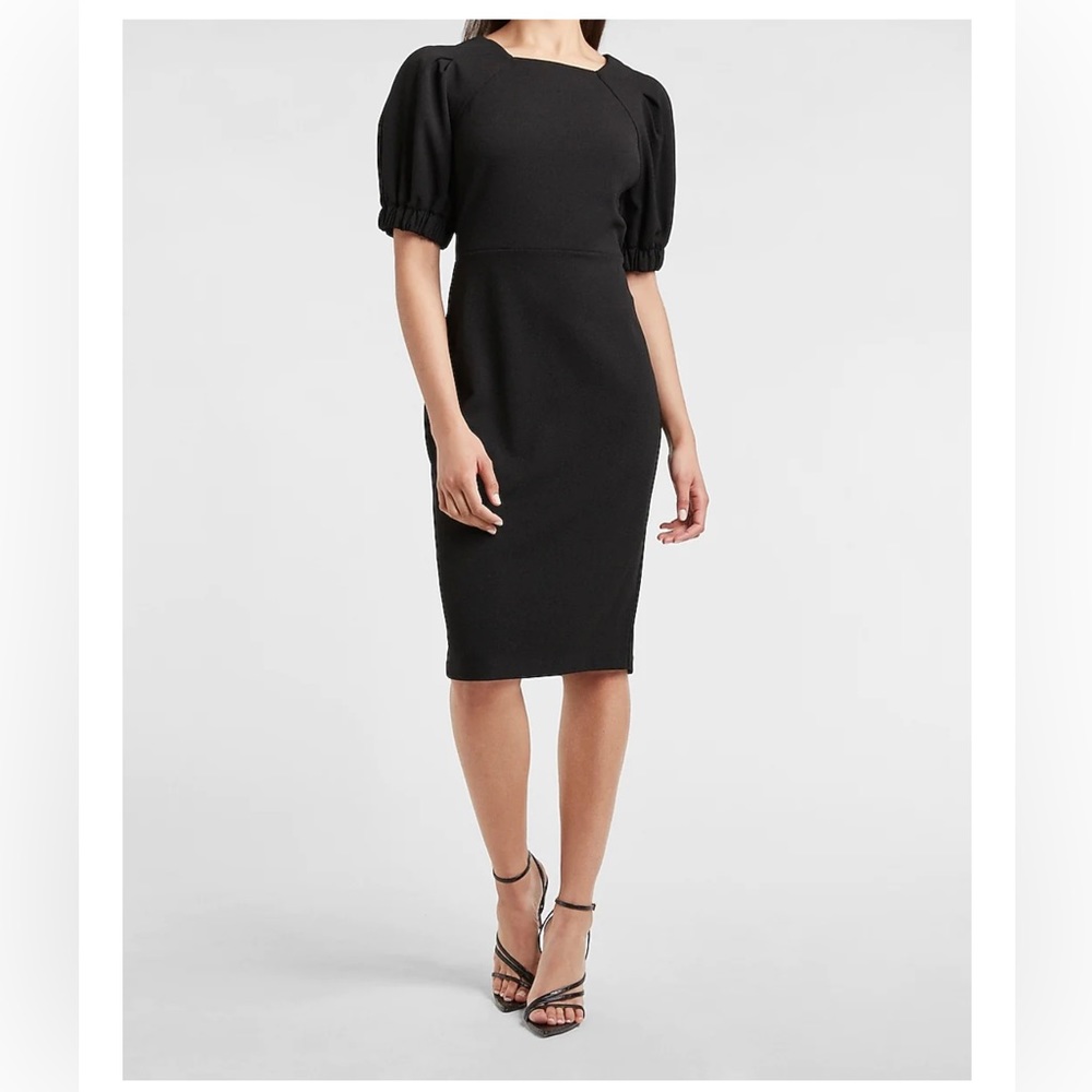 WOMEN’S PUFF SLEEVE SHEATH DRESS IN PITCH
BLACK-Size Large